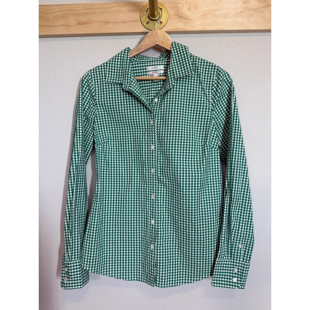 Women's J. Crew Green and White Gingham Stretch Perfect Button Down Size S